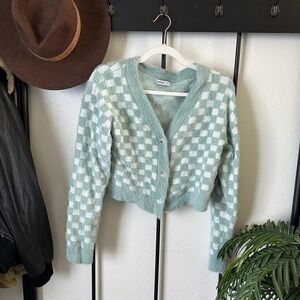 Aster blue pastel checker checkerboard fuzzy knit button cardigan sweater crop